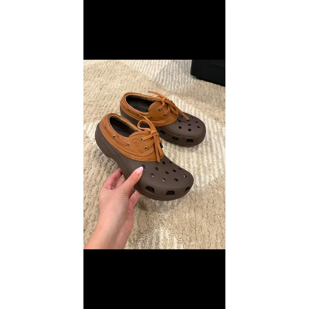 Crocs Beach Line Boat Shoes Mens 9 Brown Tan Nautical Deck Shoes Loafers 14327